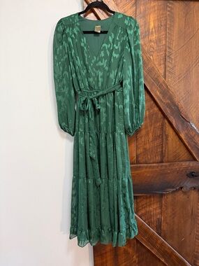 Taylor Emerald Green Tiered Maxi Dress with Self-Tie Waist